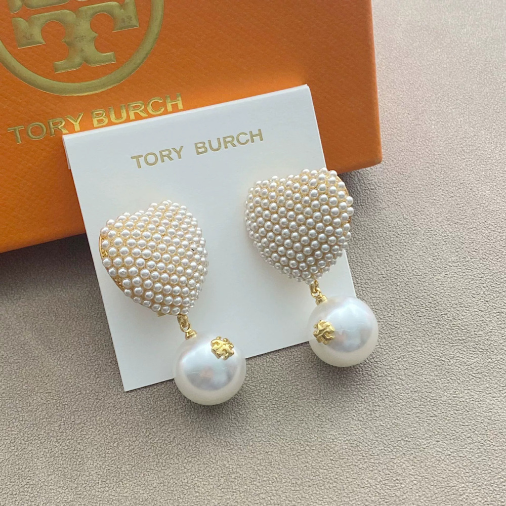 Tory Burch Trendy Heart Earrings Silver Needle Pearl Rhinestone Zircon